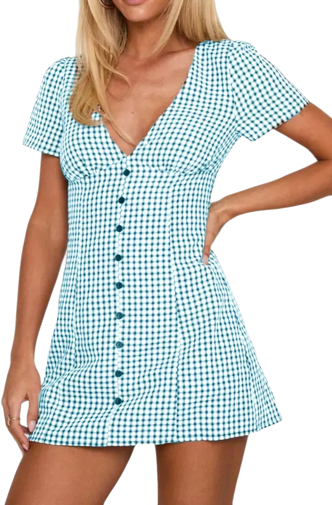 Women's Plaid Print Button Decor V Neck Shortsleeve