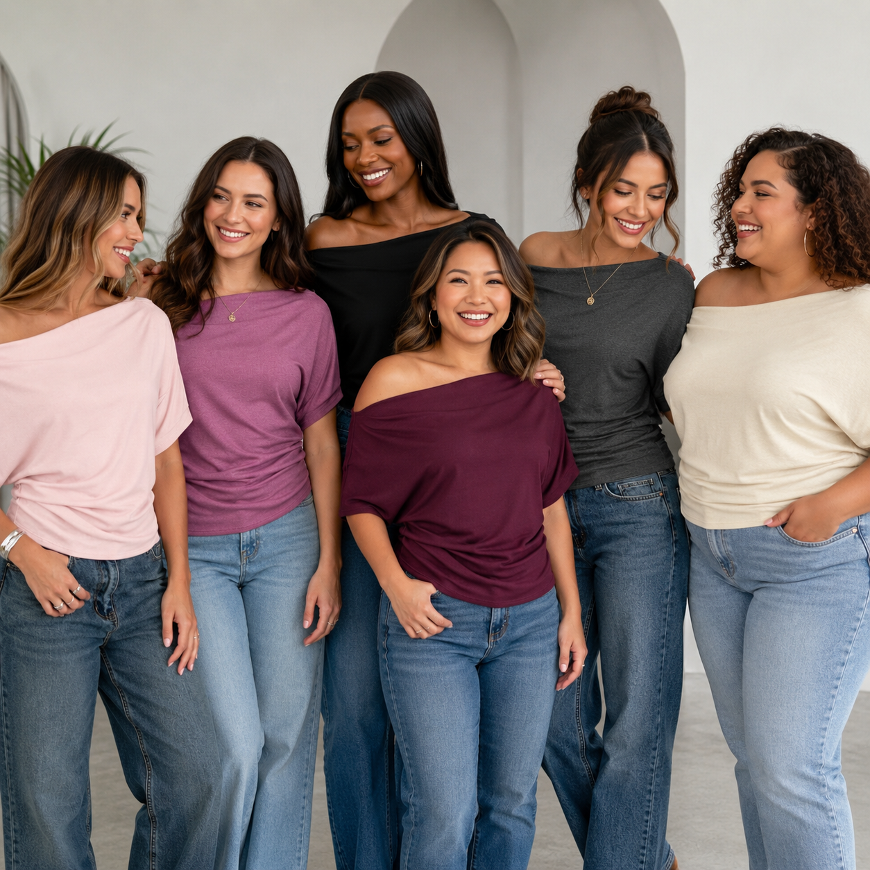 Group photo showing assorted off-shoulder draped tops