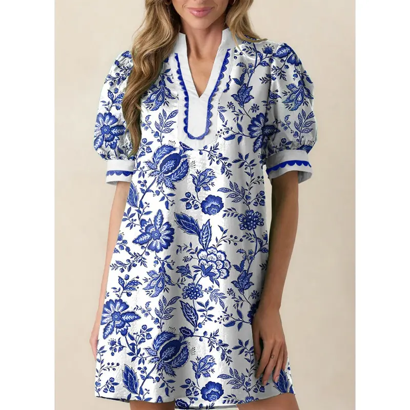 Dokotoo Women's Floral Print V-Neck Mini Dress