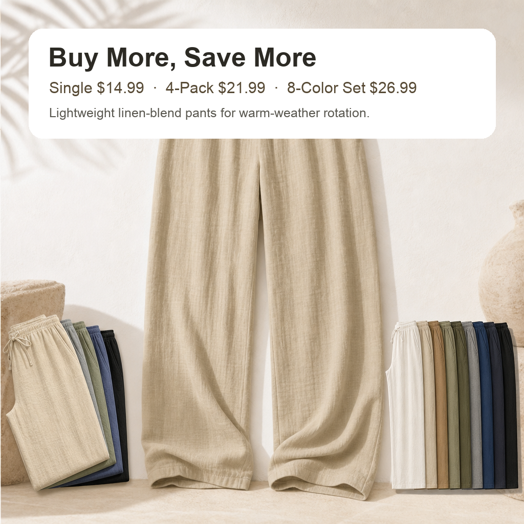 Men linen-blend drawstring wide leg pants pack value 4-pack and 8-color set