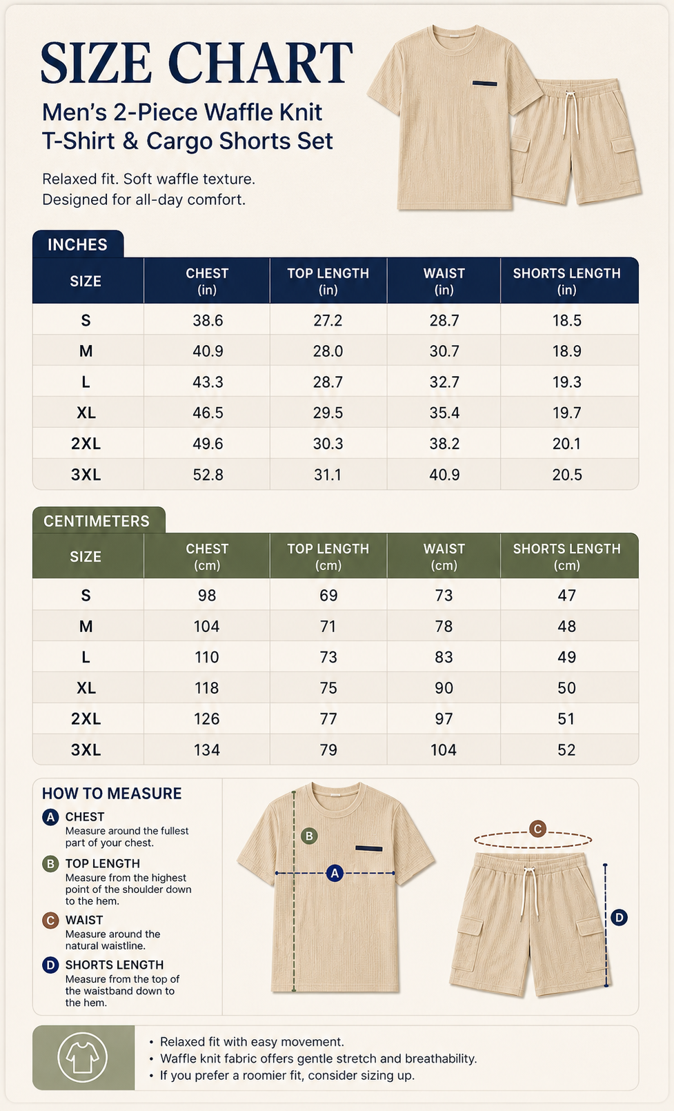 Men's 2-piece waffle textured T-shirt and cargo shorts size chart