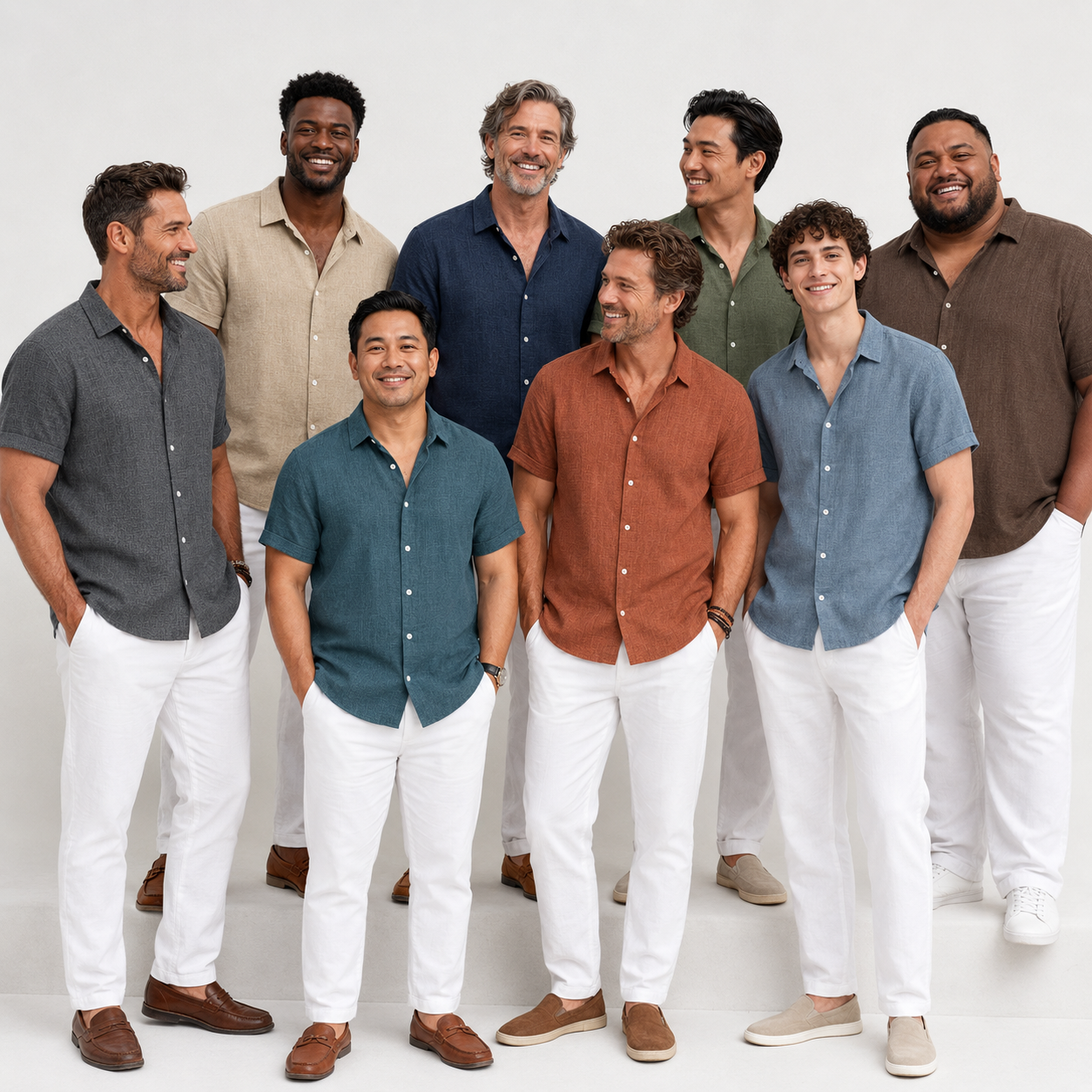 Eight adult models wearing all colors of the textured short-sleeve button-up shirt