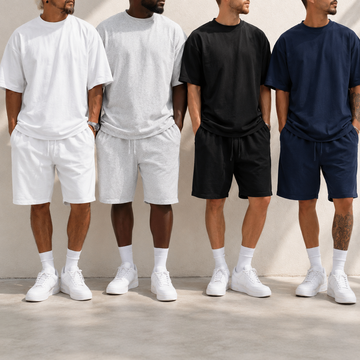 Four men wearing relaxed crew neck T-shirt and drawstring shorts sets