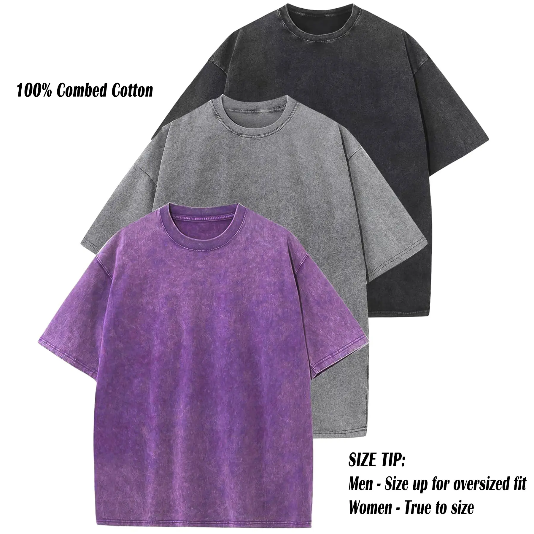 ARSSM 3 Pack Acid Wash Unisex Oversized Cotton T-Shirt Crew Neck Half Short Sleeve Summer Top Casual Loose Fit Solid Streetwear Comfortable Tees Basic Womenswear Shortsleeve Tshirt