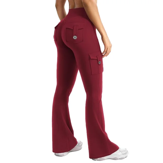 Women's Workout Flare Leggings with Pockets Hidden Scrunch High Waisted Cargo Gym Yoga No Front Seam Leggings Flared Joggers Fitness Outfit Camouflage Sports Pants 75% Nylon 25% Spandex