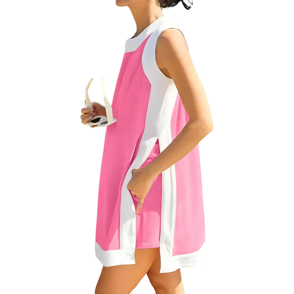 Women's color-blocked crew neck sleeveless pullover with shorts with pockets