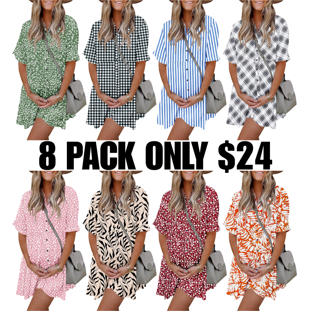 Babydoll Dress for Women Short Sleeve Button Down Textured Non-clingy Loose Fit Flowy Mini Dress with Pockets