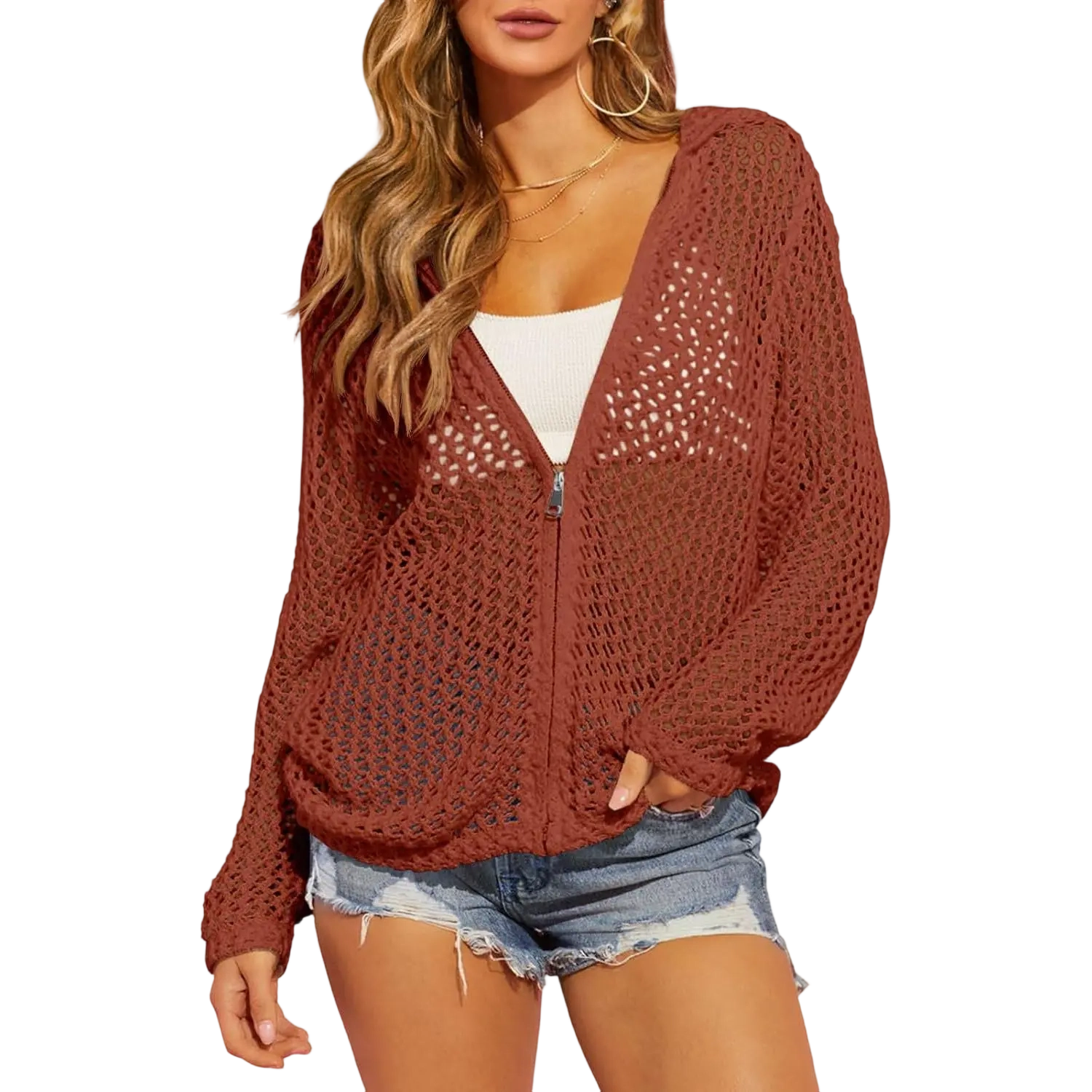 🔥Last Day of Sale🔥Women's Crochet Lightweight Cardigan Zip Up Hooded Knit Sweater