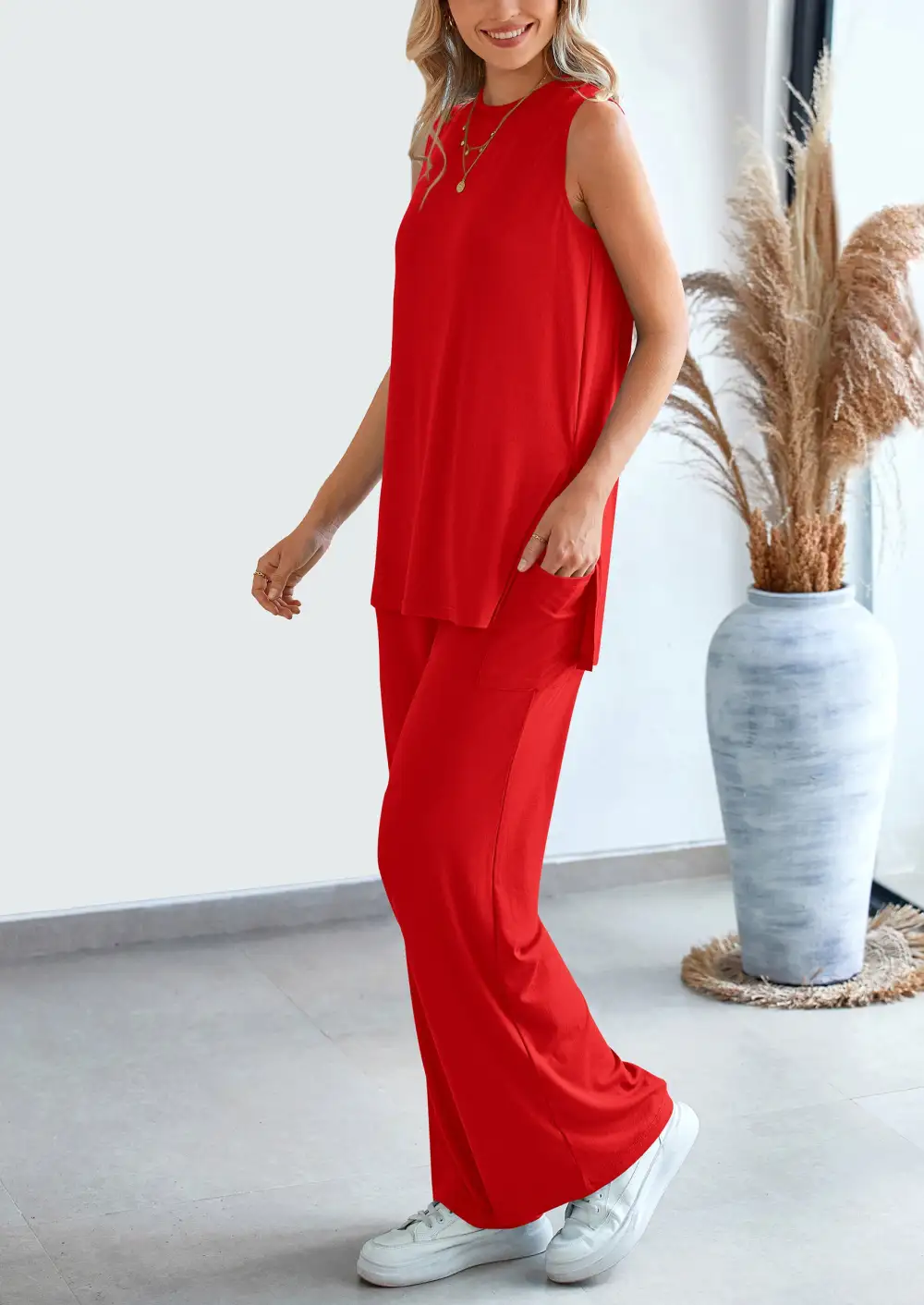 2 Piece Set LooseTank Top Wide Leg Pants CasualMatching Outfits Tracksuit