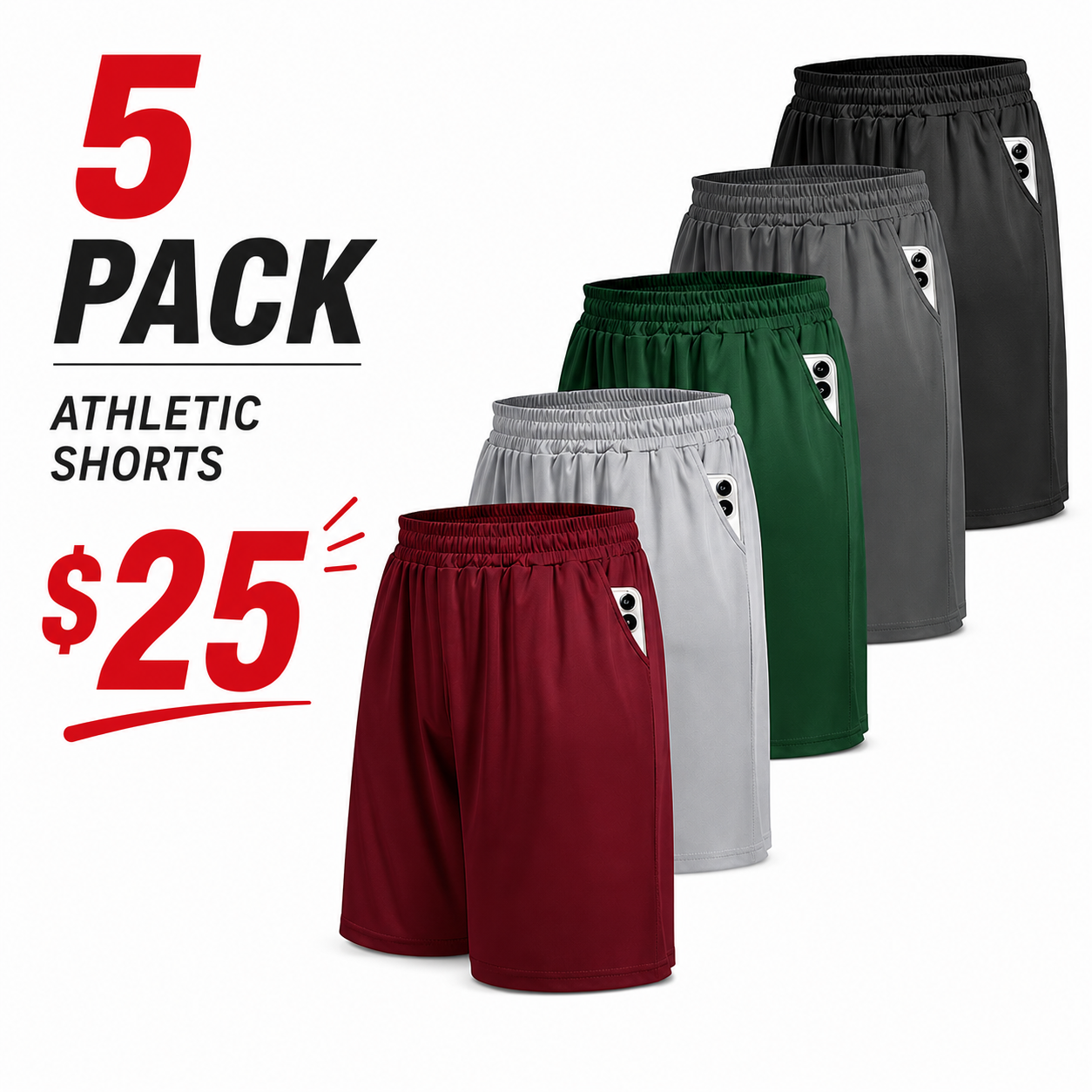 Men's Athletic Gym Shorts - Quick Dry Workout Basketball Shorts with Pockets for Running Casual Activewear, Black