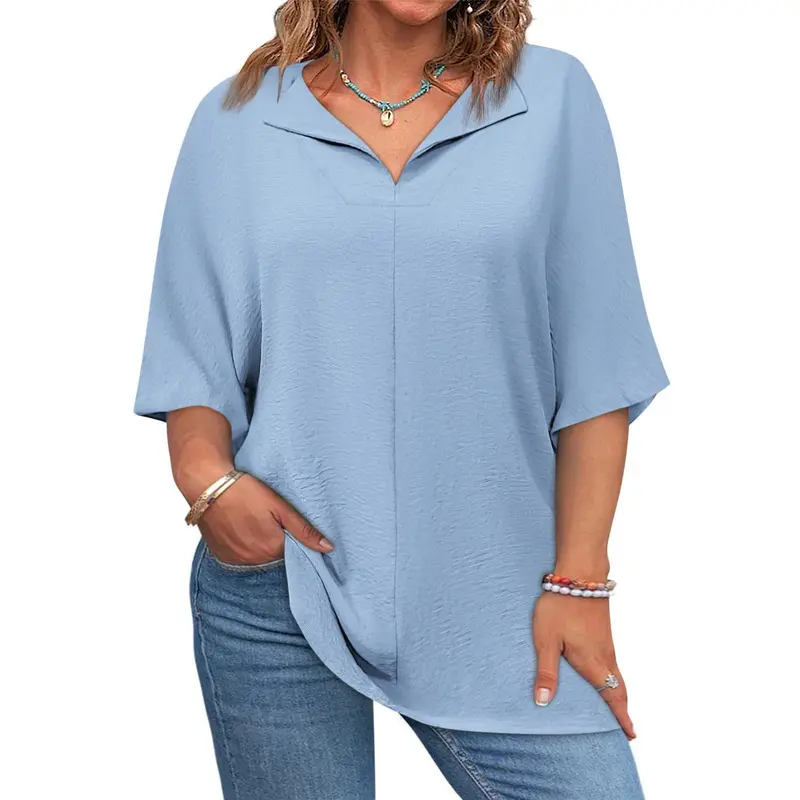 Light blue women’s casual V-neck loose-fit blouse