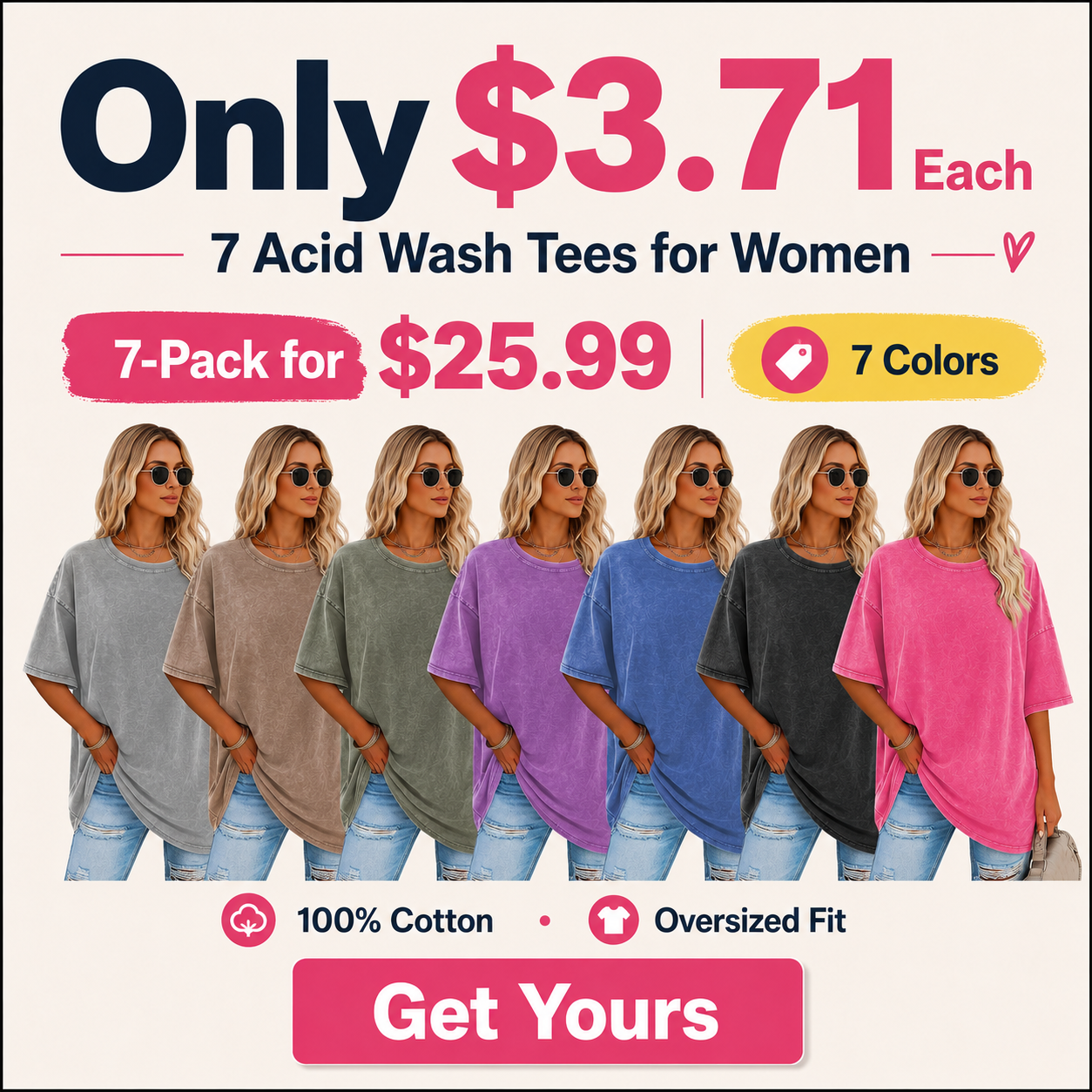 Women’s 7-Pack 100% Cotton Acid Wash Oversized T-Shirts
