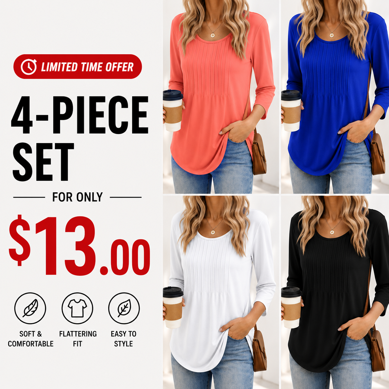 Women's 3/4 Length SleeveCrewneck Casual Pleated TunicTops