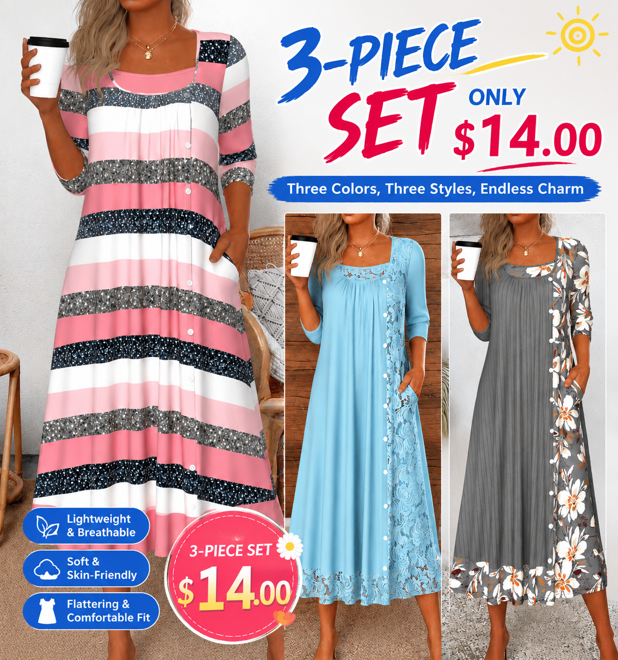 Light Blue Patchwork A Line 3/4 Sleeve Dress