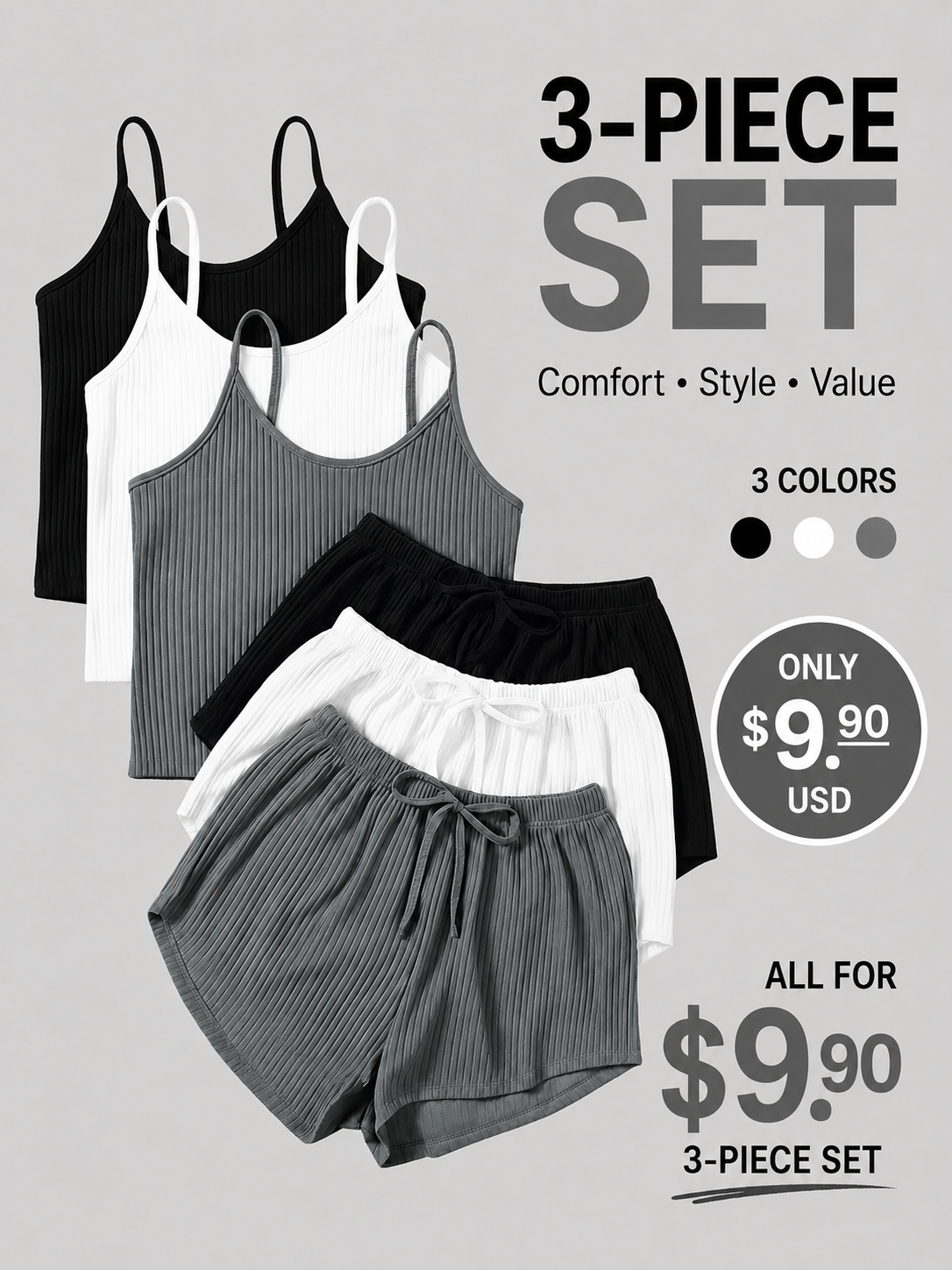 Six-Piece Set Women's Plain RibbedShorts Set