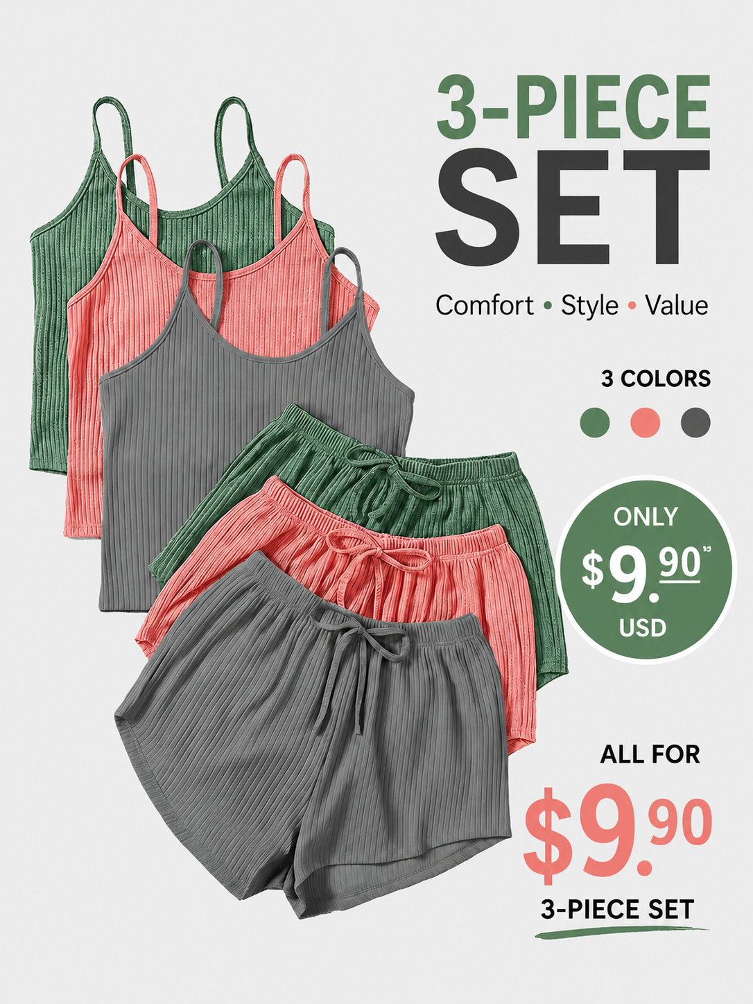 Six-Piece Set Women's Plain RibbedShorts Set