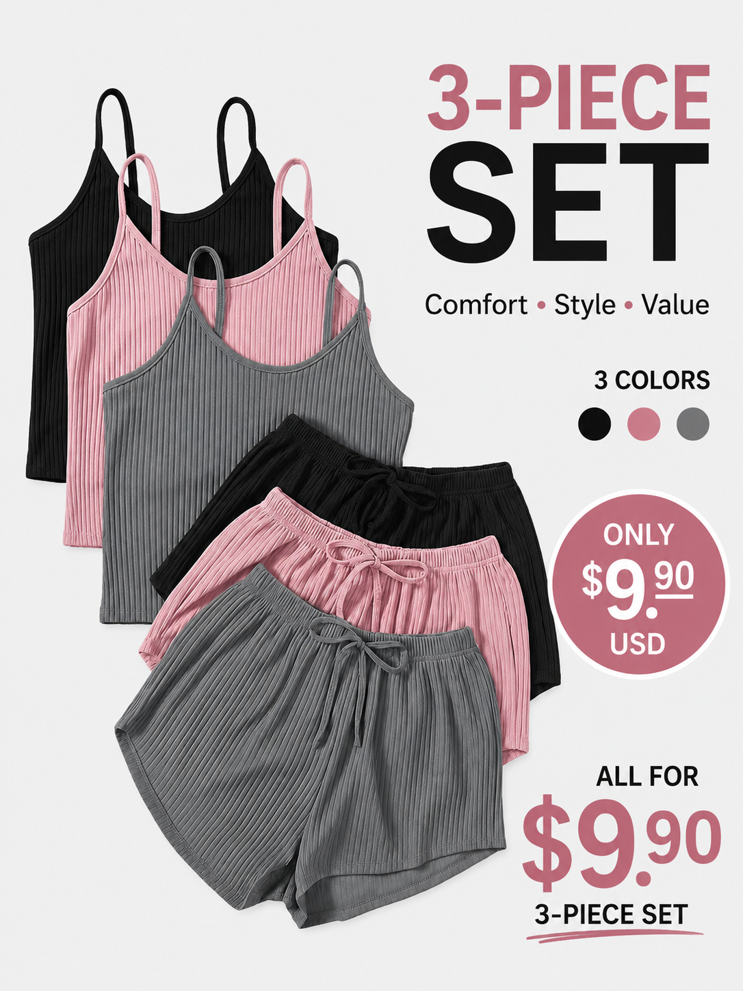 Six-Piece Set Women's Plain RibbedShorts Set