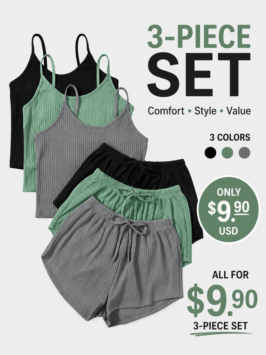 Six-Piece Set Women's Plain RibbedShorts Set