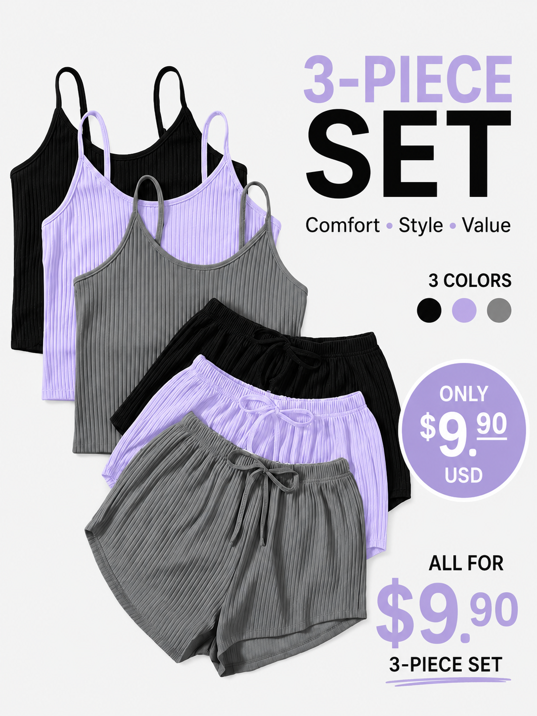 Six-Piece Set Women's Plain RibbedShorts Set