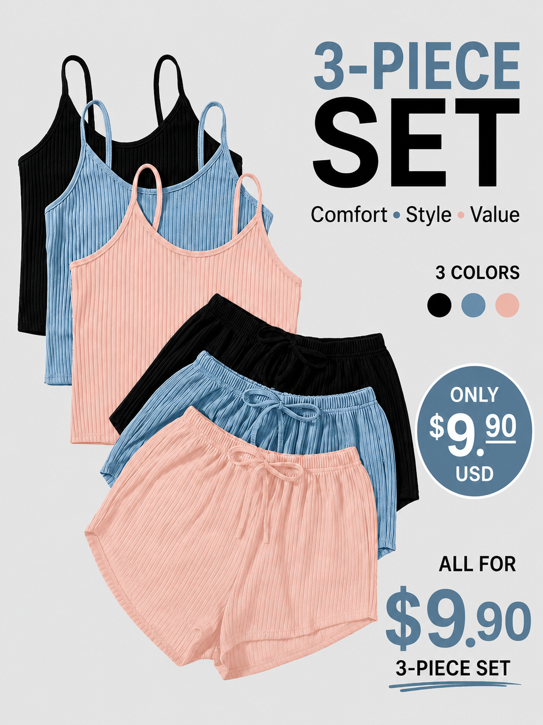Six-Piece Set Women's Plain RibbedShorts Set