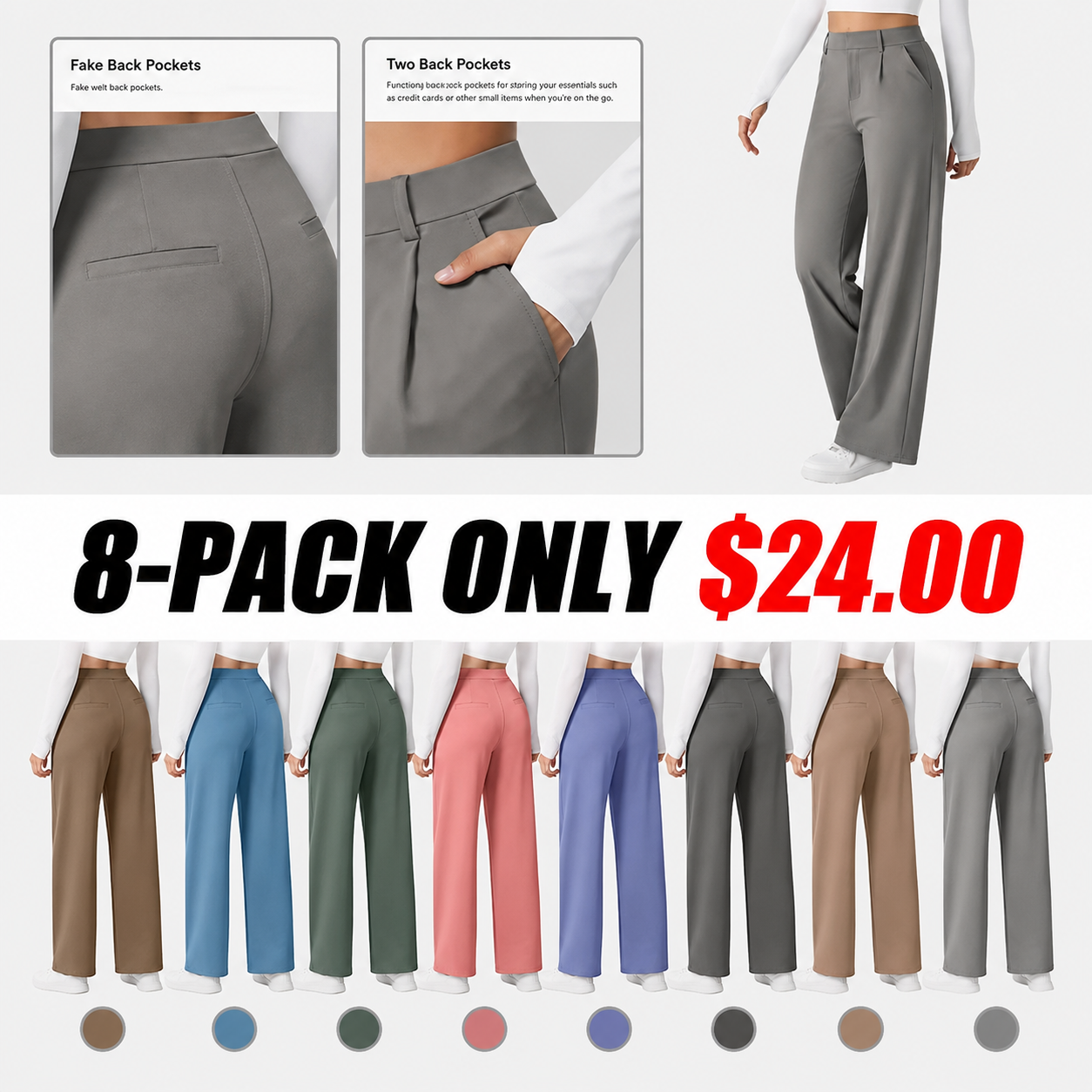 High Waisted Side Pocket Straight Leg Work Pants