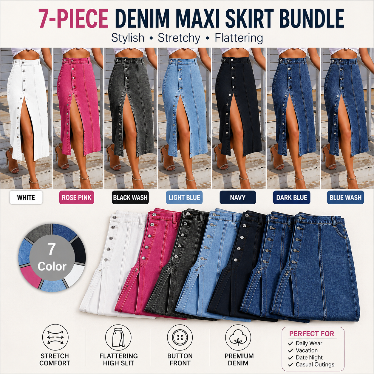 Jeans Women's Button Front Light Wash Denim Split Hem Skirt, Casual Fashion Fitted Skirt for Daily Wear, Ladies Bottoms for All Seasons, Button Fly Skirt