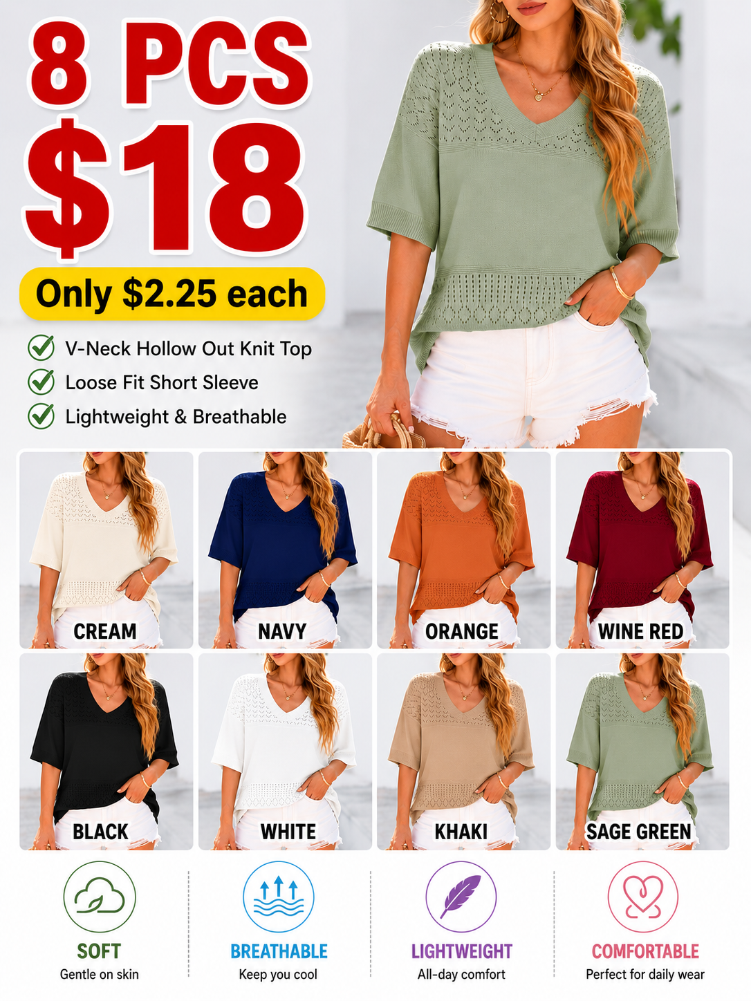 Women's ShortSleeve Sweater Tops SpringSummer Casual V Neck Ribbed KnitTrendy Eyelet Blouse T Shirts