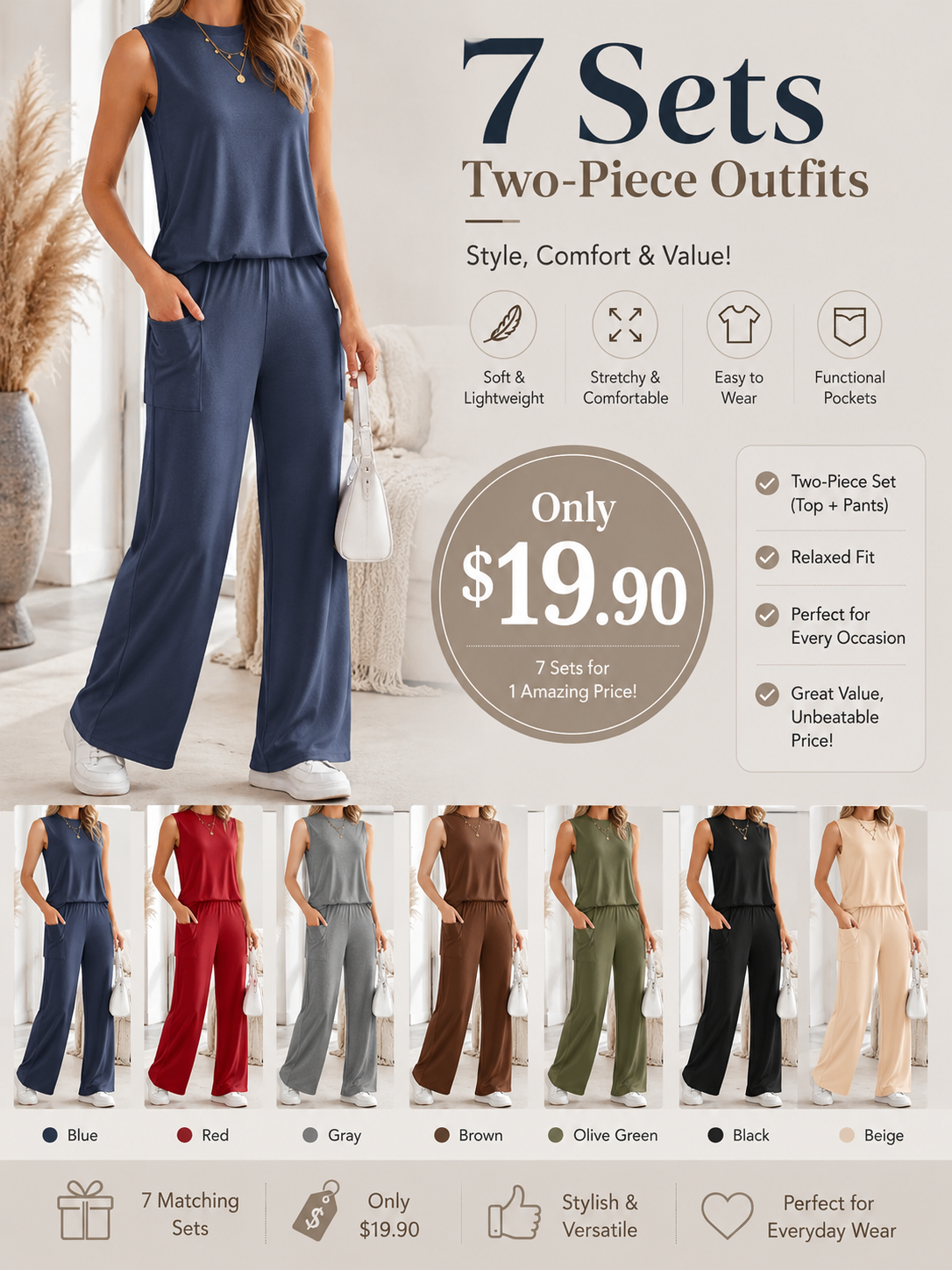 2 Piece Set LooseTank Top Wide Leg Pants CasualMatching Outfits Tracksuit