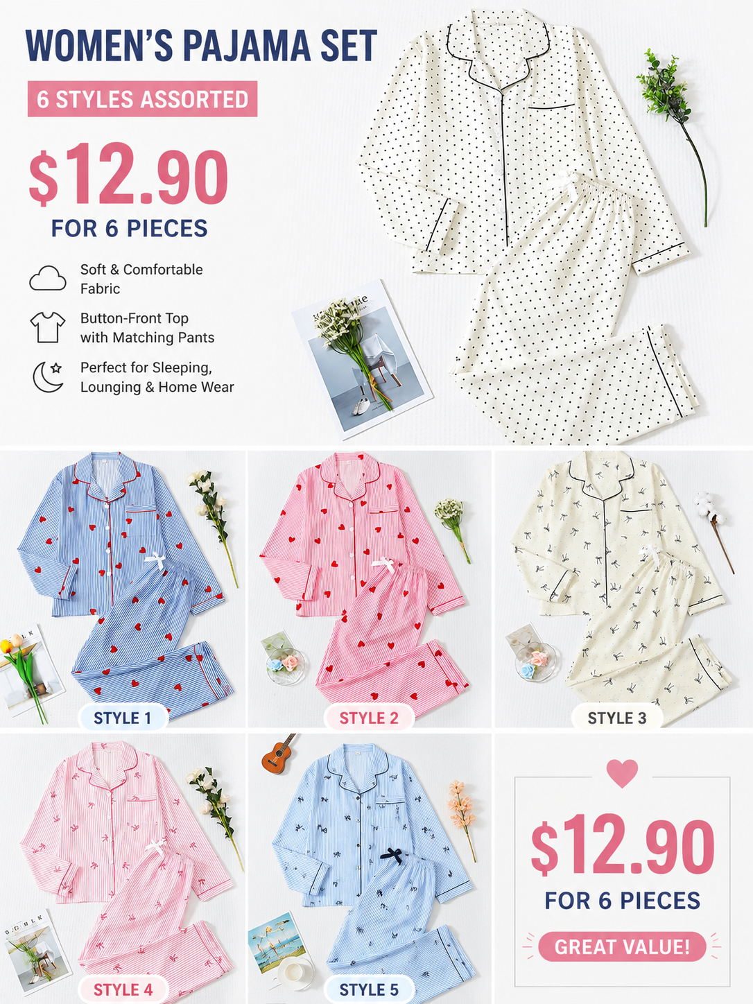 Women's Striped Bow Print LongSleeve Pajama Set, Sweet CuteButton Front Top and Pants
