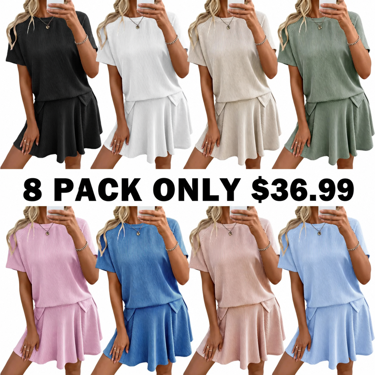 Women's 2 Piece Sets Ribbed Knit Short Sleeve Tops & Lined Pleated Mini Skirt Lounge Sets
