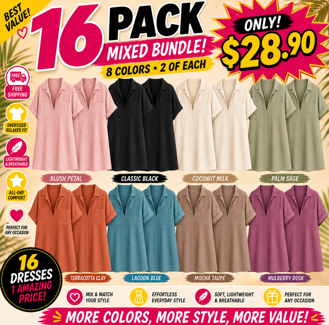 Pack & Save 8-Pack Women's Oversized Deep V Collared Chest-Pocket Mini Dresses, Relaxed Resort Fit