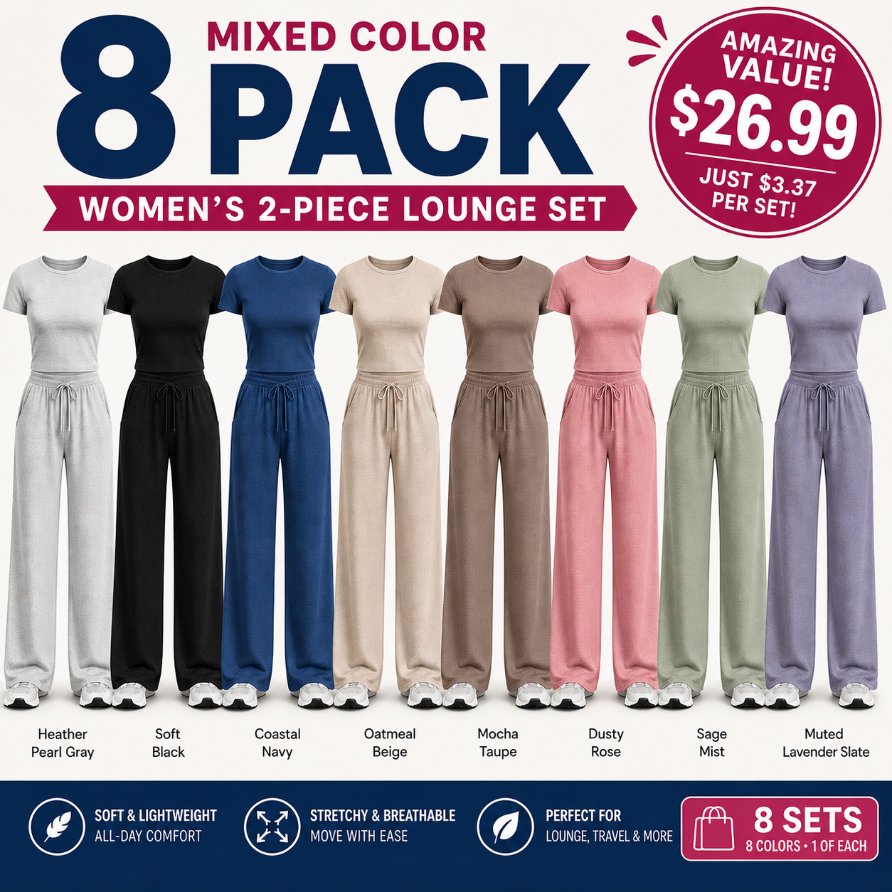Pack & Save 8-Pack Women's Soft Lightweight 2-Piece Lounge Sets, Crew Neck Short Sleeve Tops & Drawstring Wide-Leg Pants