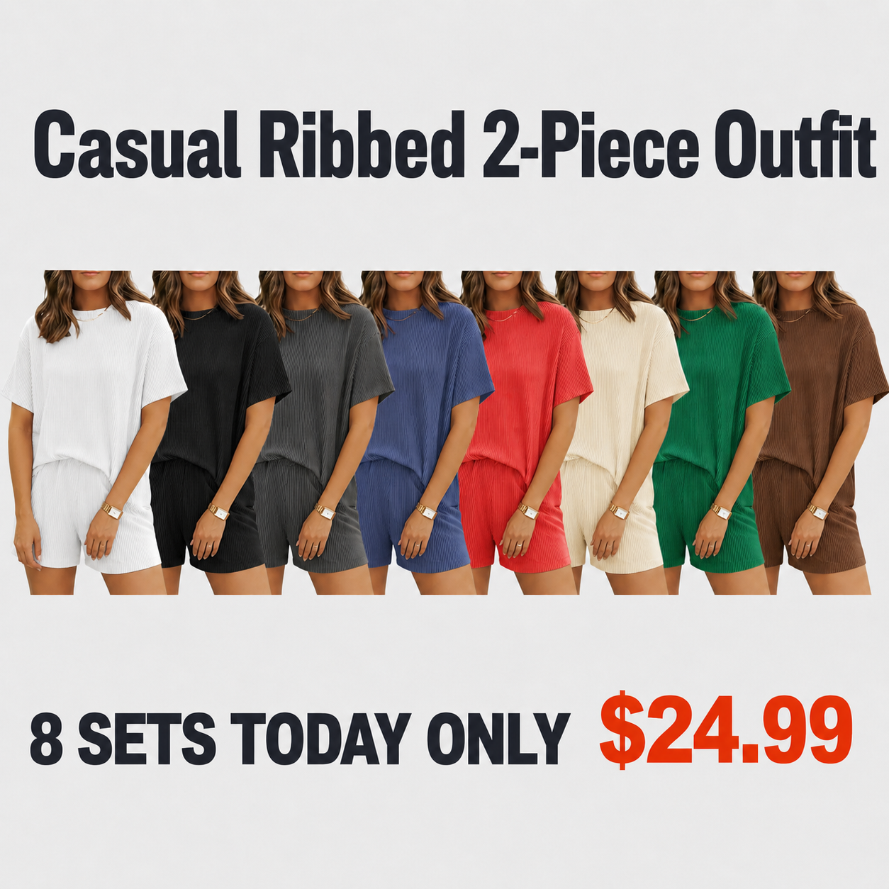 Women’s Ribbed Knit Lounge Set – Short Sleeve Top & High Waist Shorts