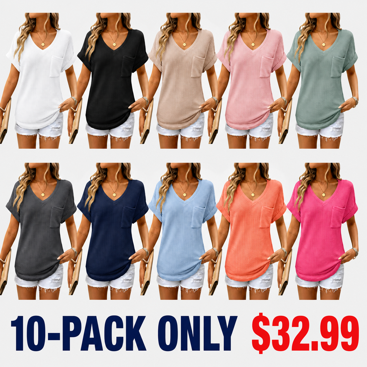 Women's Waffle Knit V-Neck Casual Summer Tops - Lightweight & Breathable Basic Tee for Beach, Party, Work