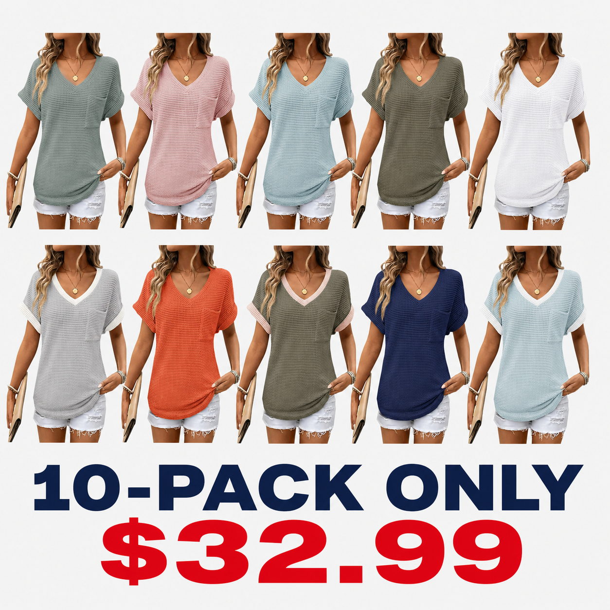 Women's Waffle Knit V-Neck Casual Summer Tops - Lightweight & Breathable Basic Tee for Beach, Party, Work