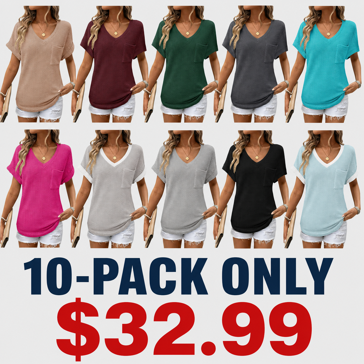 Women's Waffle Knit V-Neck Casual Summer Tops - Lightweight & Breathable Basic Tee for Beach, Party, Work