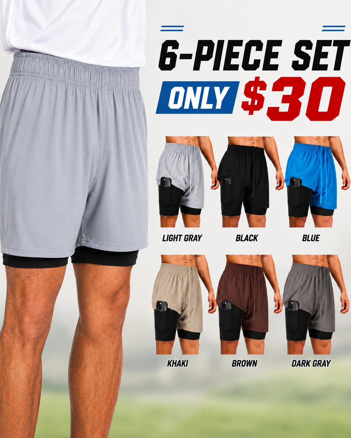 Ultra Performance Men's Athletic 2 in 1 Compression Shorts 6 Pack Mens Gym Workout Running Short's for Men, 5 Inch Inseam