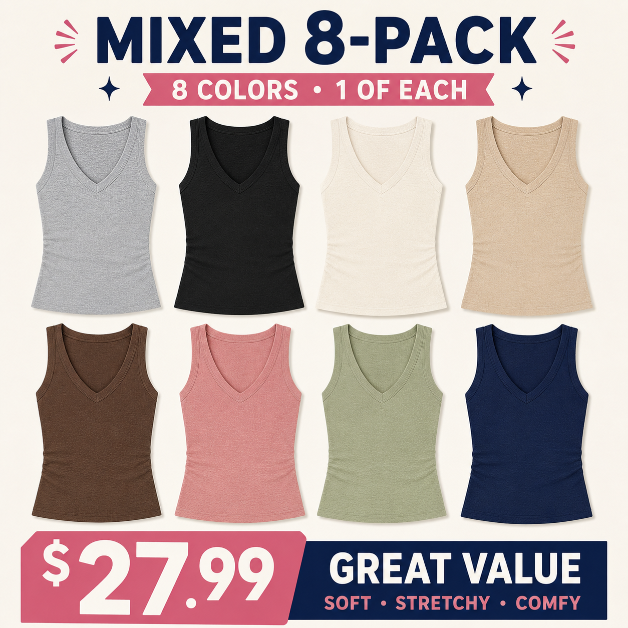 Women's Ribbed Knit V-Neck Sleeveless Slim-Fit Basic Tank Top