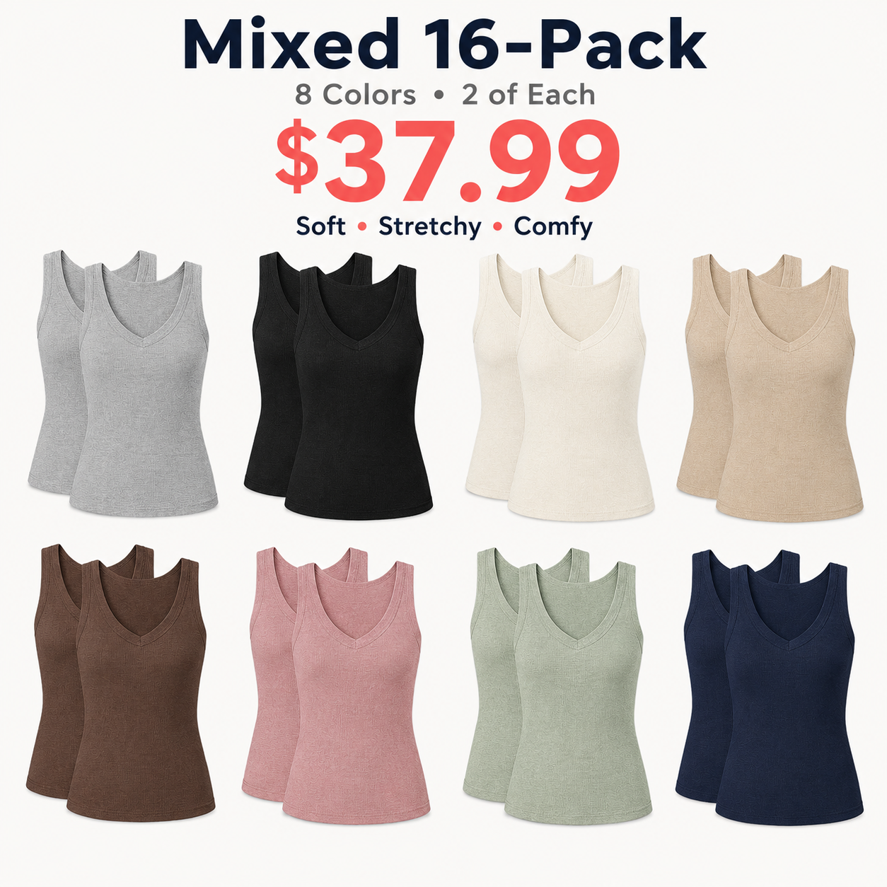 Women's Ribbed Knit V-Neck Sleeveless Slim-Fit Basic Tank Top