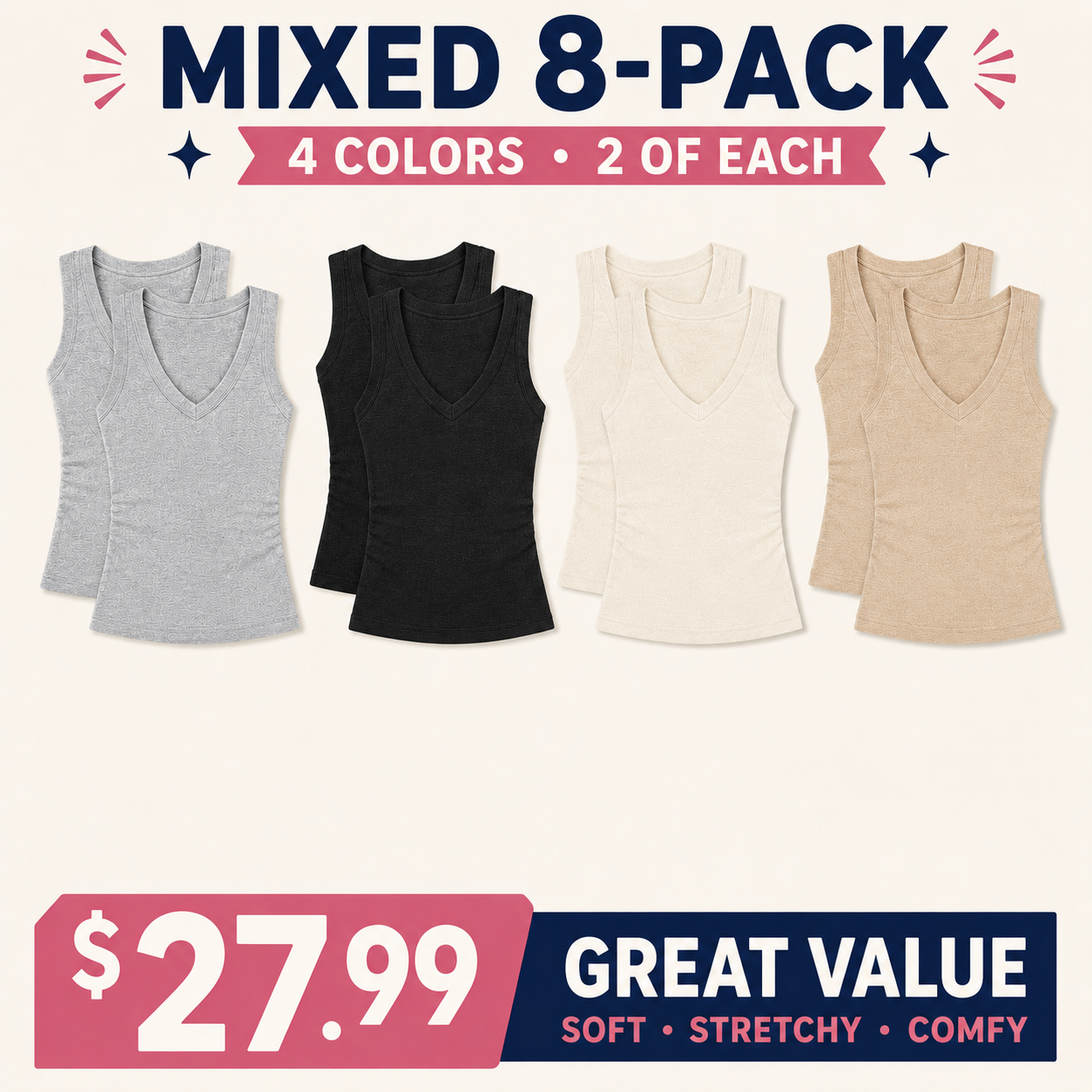 Women's Ribbed Knit V-Neck Sleeveless Slim-Fit Basic Tank Top