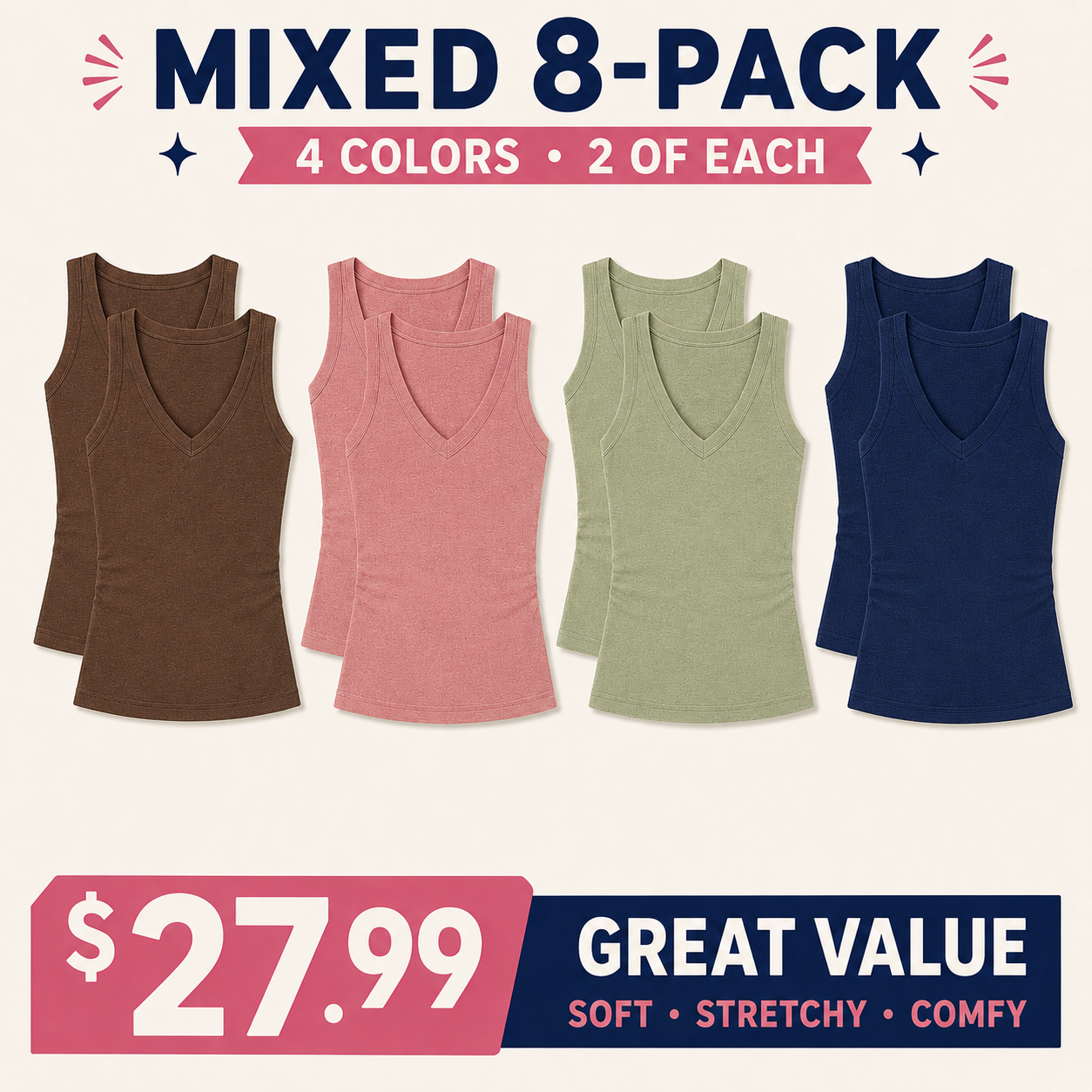 Women's Ribbed Knit V-Neck Sleeveless Slim-Fit Basic Tank Top