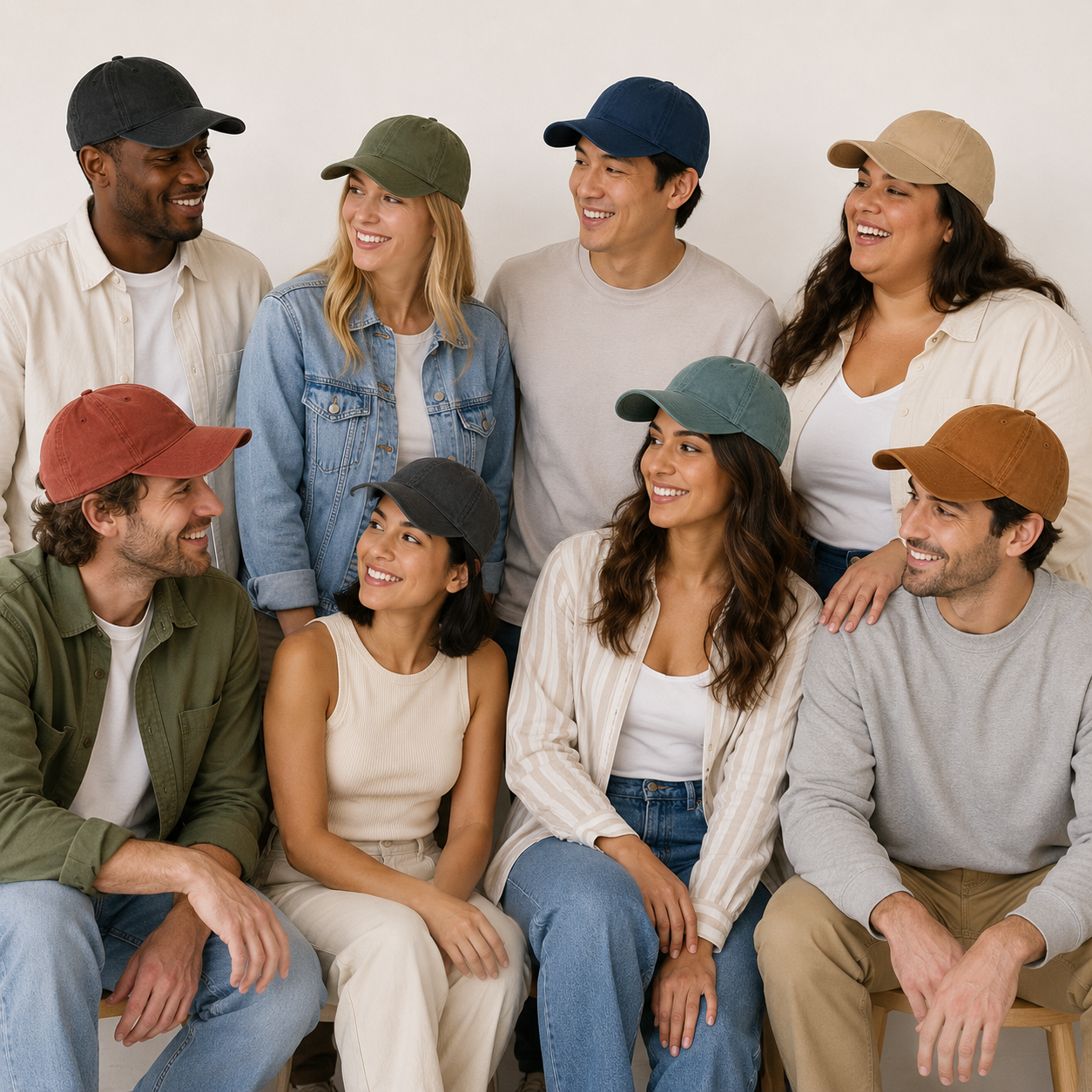 Adults wearing the 8 confirmed washed canvas cap colors