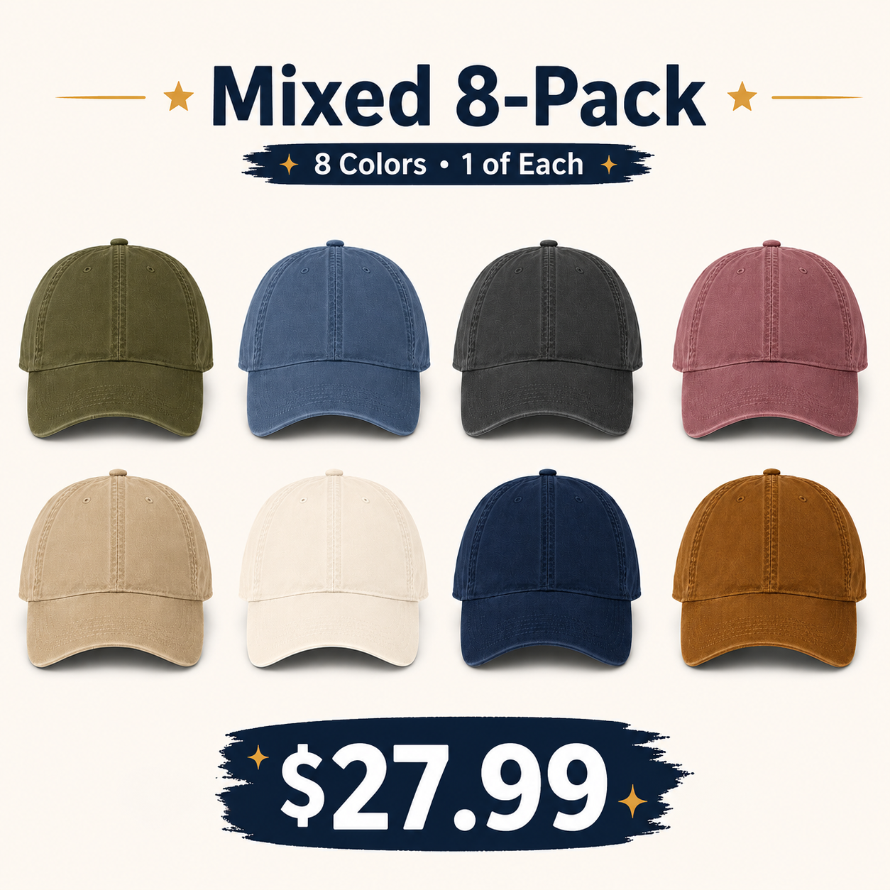 Mixed 8-Pack washed canvas adjustable baseball caps