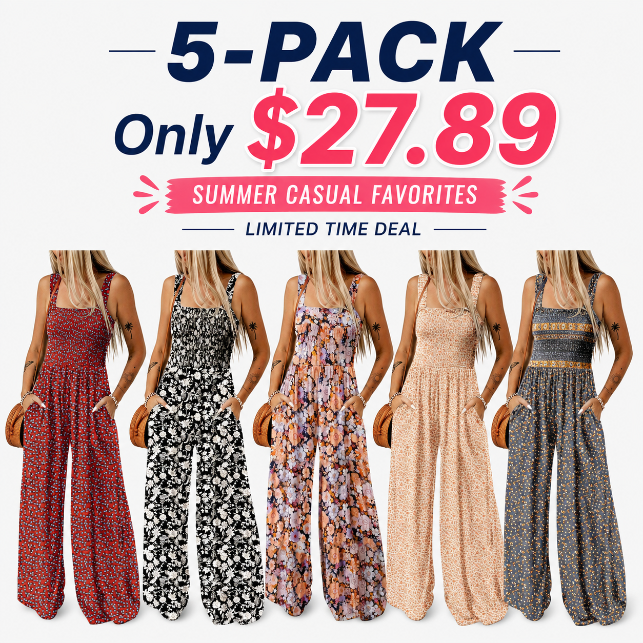 Women’s Casual Print Sleeveless Overalls Jumpsuits
