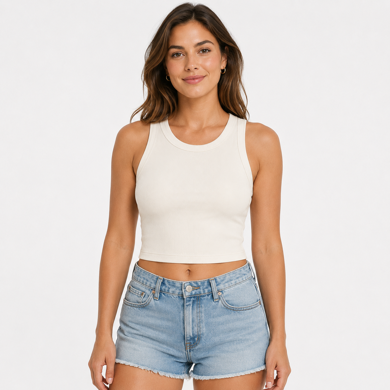 Women's sleeveless tank top with built-in bra; casual, ribbed, slim-fit style featuring a crisscross open back.