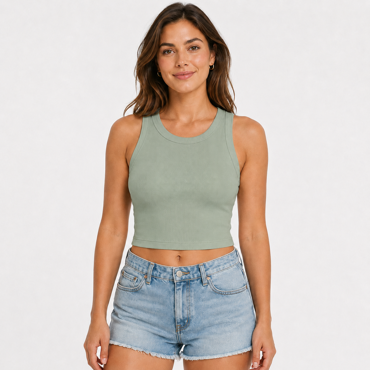 Women's sleeveless tank top with built-in bra; casual, ribbed, slim-fit style featuring a crisscross open back.