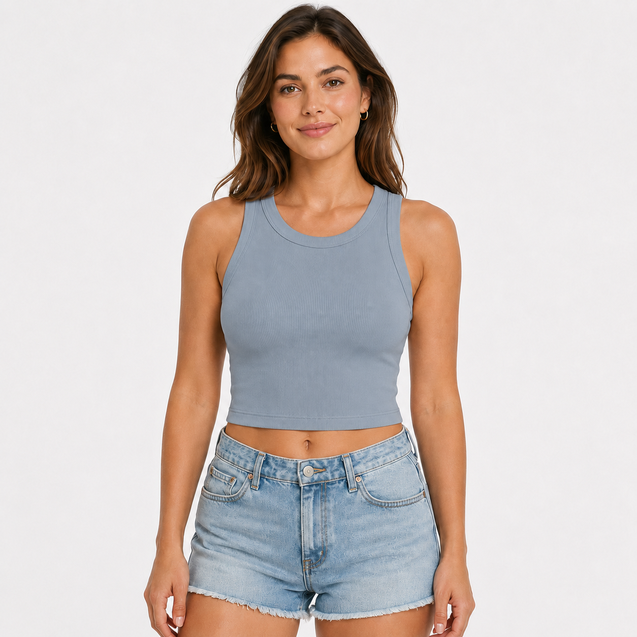 Women's sleeveless tank top with built-in bra; casual, ribbed, slim-fit style featuring a crisscross open back.