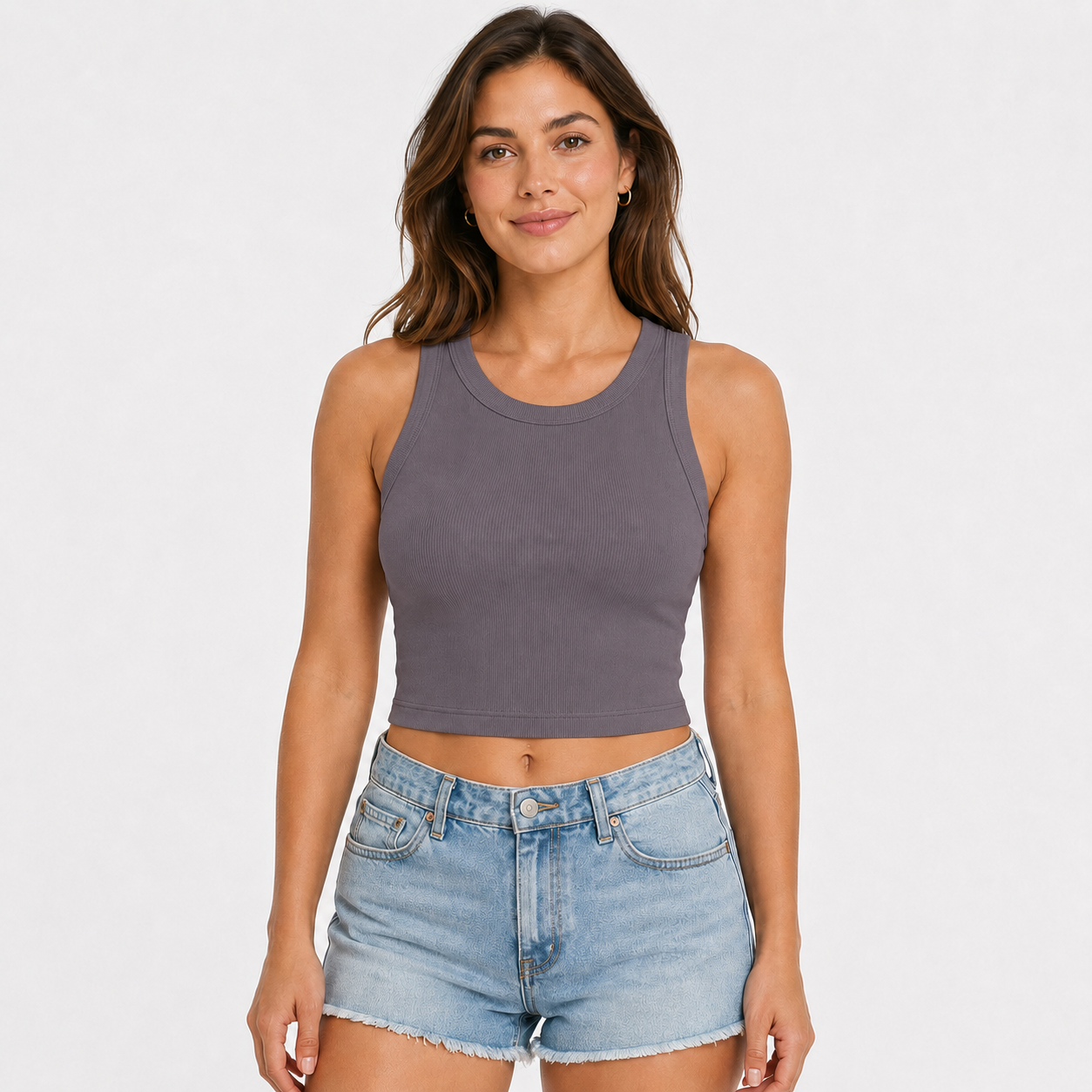 Women's sleeveless tank top with built-in bra; casual, ribbed, slim-fit style featuring a crisscross open back.