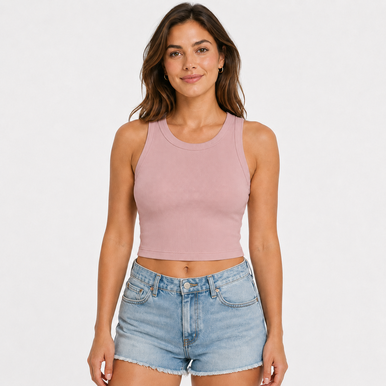 Women's sleeveless tank top with built-in bra; casual, ribbed, slim-fit style featuring a crisscross open back.