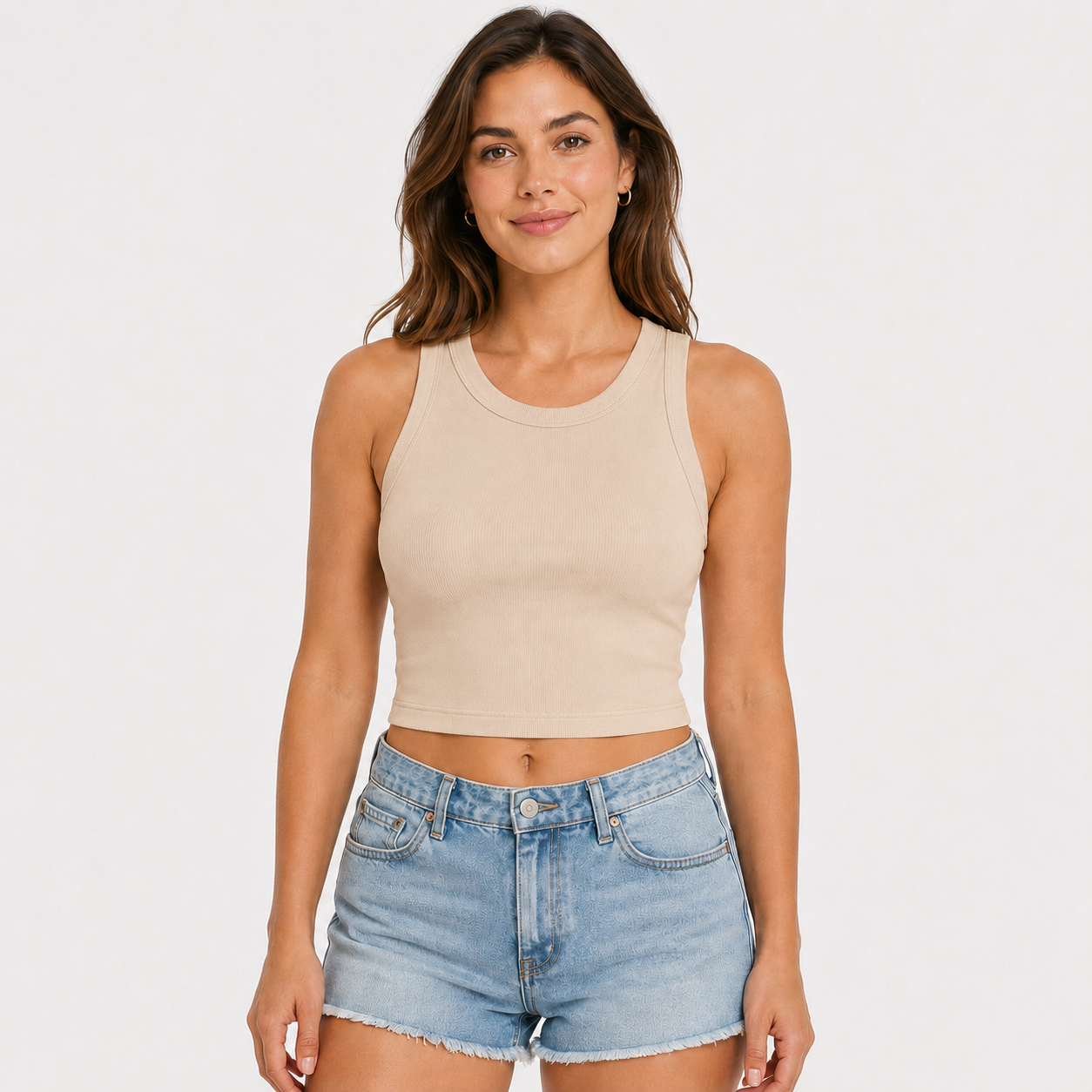 Women's sleeveless tank top with built-in bra; casual, ribbed, slim-fit style featuring a crisscross open back.